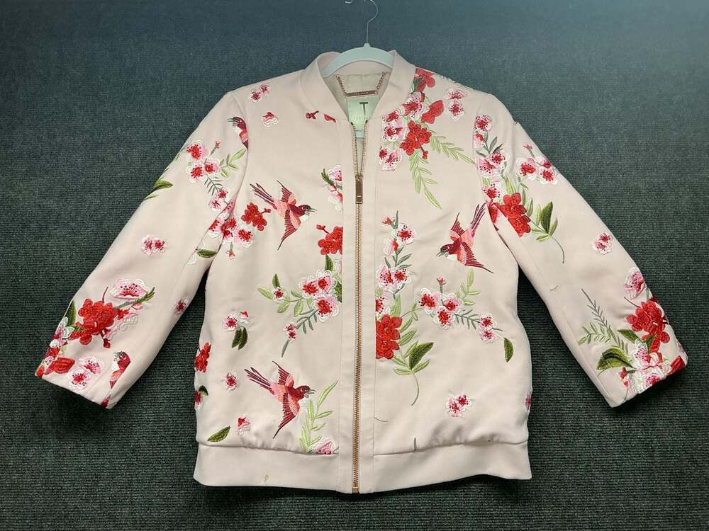 Ted Baker Soft Blossom Embroidered Bird Pink Bomber Jacket Size 2